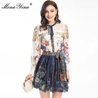 moaayina fashion runway autumn skirts suit womens long sleeve flower print shirts and high waist mesh skirts two piece set