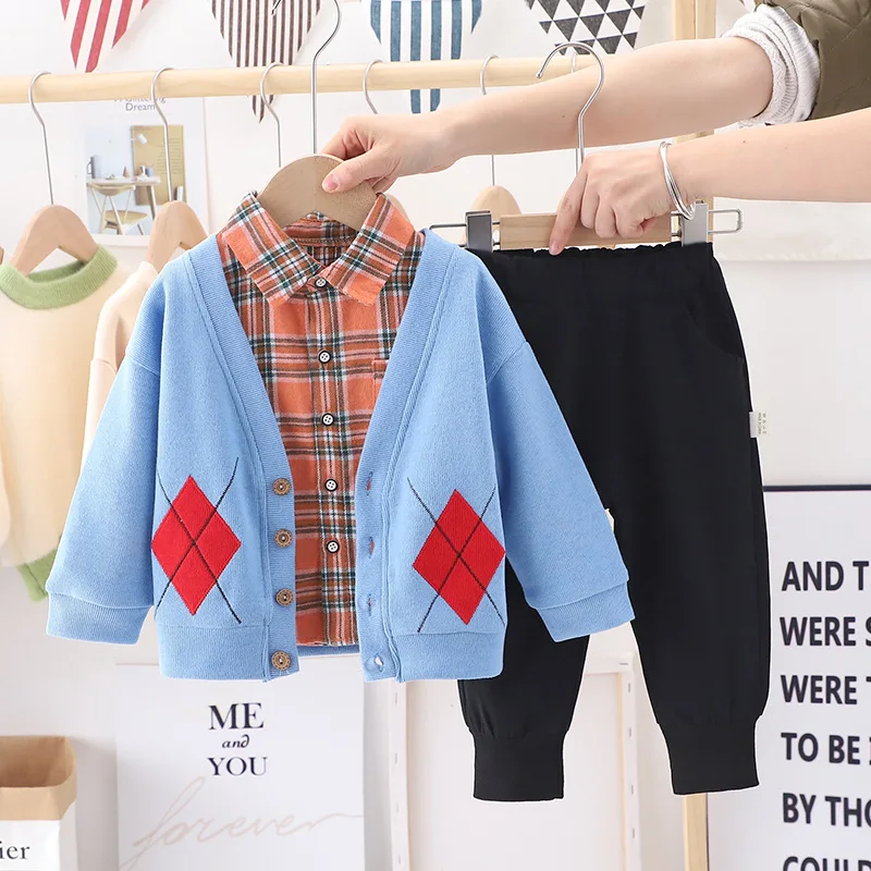 

Осенний комплект одежды для маленьких мальчиков HYLKIDHUOSE 2021, детская повседневная одежда, пальто, клетчатая рубашка, штаны, Детский костюм для...