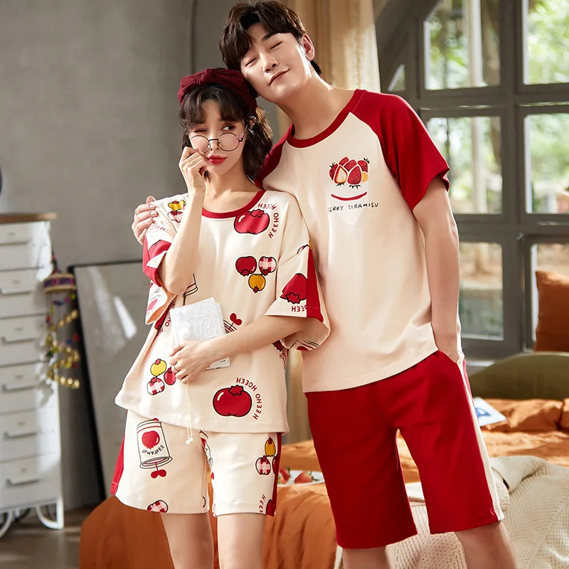 

Big Yards M-XXXXL Cotton Couple Nightwear Suit Summer Sweet Cute Short Sleeve Pajamas Fruit Pattern Homewear Men Pijamas Mujer