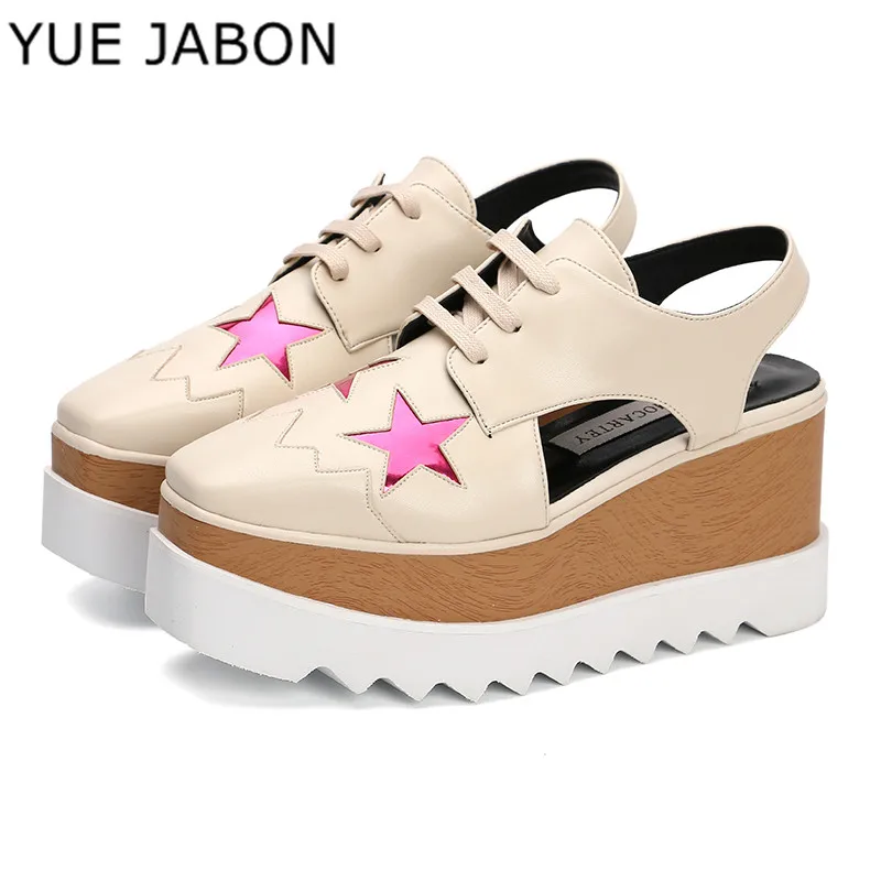 

YUE JABON White Flat Platform Women Casual Shoes Thick sole Lace Up High heel Wedge Shoes Woman Solid Square Toe Shoes Sandals