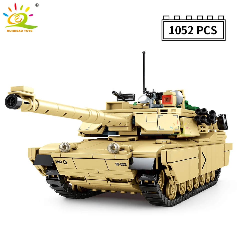 

HUIQIBAO 1052pcs Military M1A2 Tank Model Building Blocks WW2 with 5 Soldier Figures Army Weapon Brick Children Construction Toy