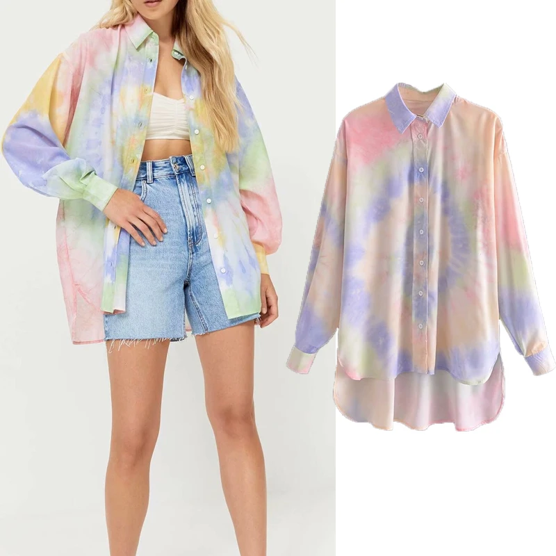 

Women Shirt Za 2021 Tie dye printed Turn-down Collar Summer Top Women Long Sleeve Blouse Female Casual Button Up Beach Shirt