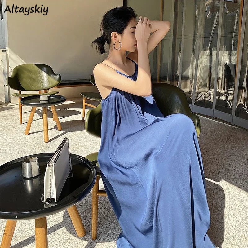 

Vintage Dress Women Chic Pure Holiday Summer Simple Sleeveless Backless Design Ladies Sundress Loose Maxi Vestido All-match Ins