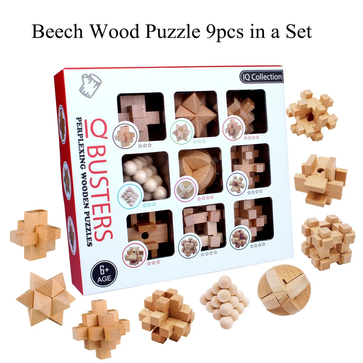 

9Pcs IQ Brain Teaser Beech Kong Ming Lock Set Wooden Interlocking 3D Puzzles Game Toy Intellectual Educational For Adults Kids