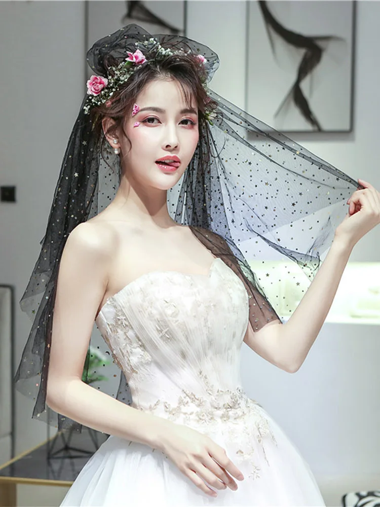 Блестящий черный многоярусный Свадебный Фата чехол для Хэллоуина модные