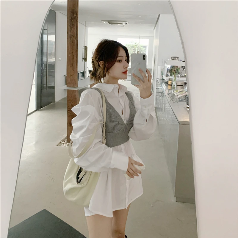 

waistcoat two-piece autumn casual loose oversized solid lapel shirt fashion mid-length shirt V-neck knitted