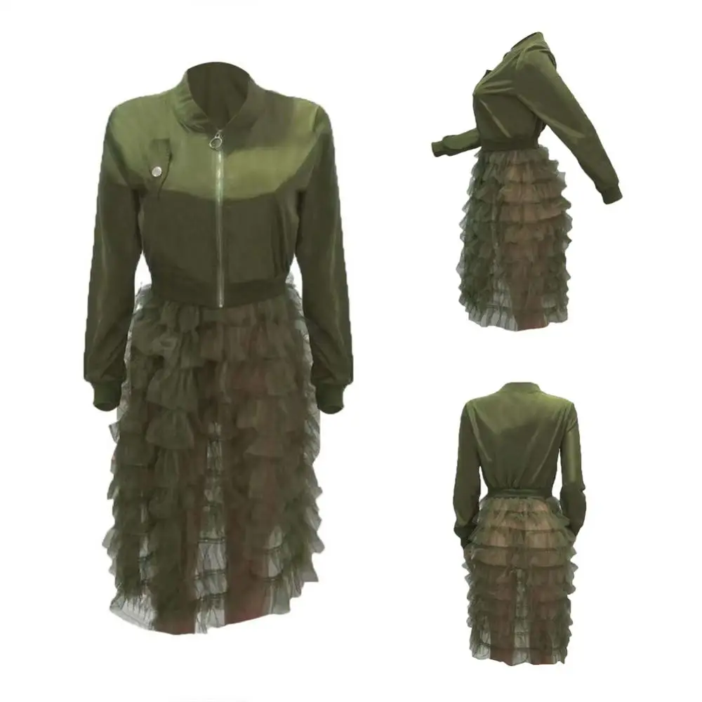 

50% Hot Sales Solid Color Women's Long Sleeve Zippered Ruffled Mesh Patchwork Jacket Coat