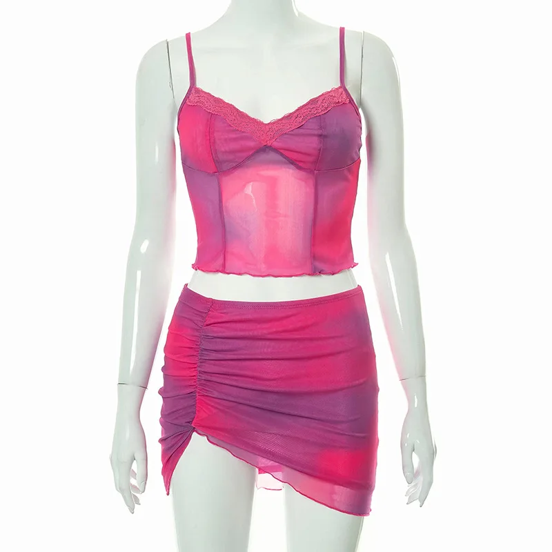 

Summer 2021 New Style Fashion Comfortable Casual V-neck Pink Tie-dye Y2k Sling Drawstring Short Skirt Two-piece Suit Women