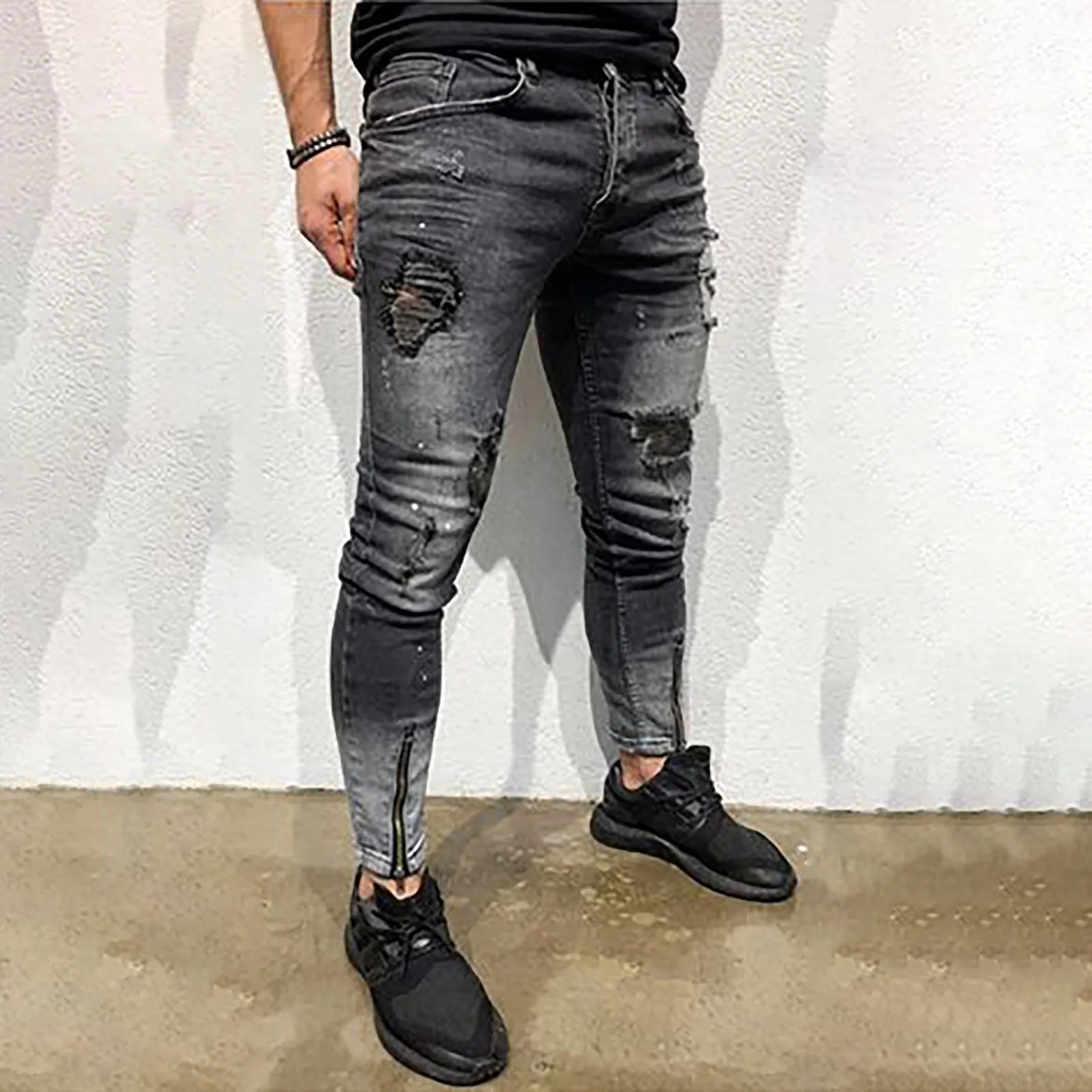 

Street Styles Men Stretchy Ripped Skinny Biker Trouser Embroidery Print Jeans Destroyed Hole Taped Slim Fit Denim Scratched Jean