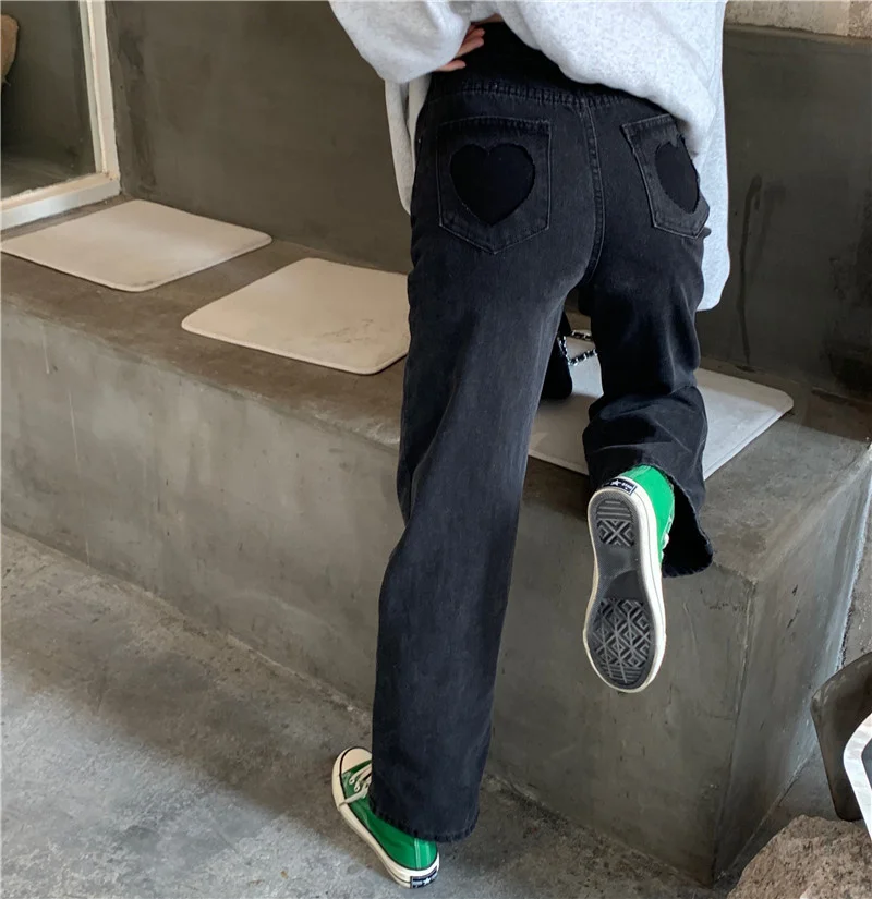 Черные прямые джинсы женские с высокой талией тонкие Универсальные джинсовые