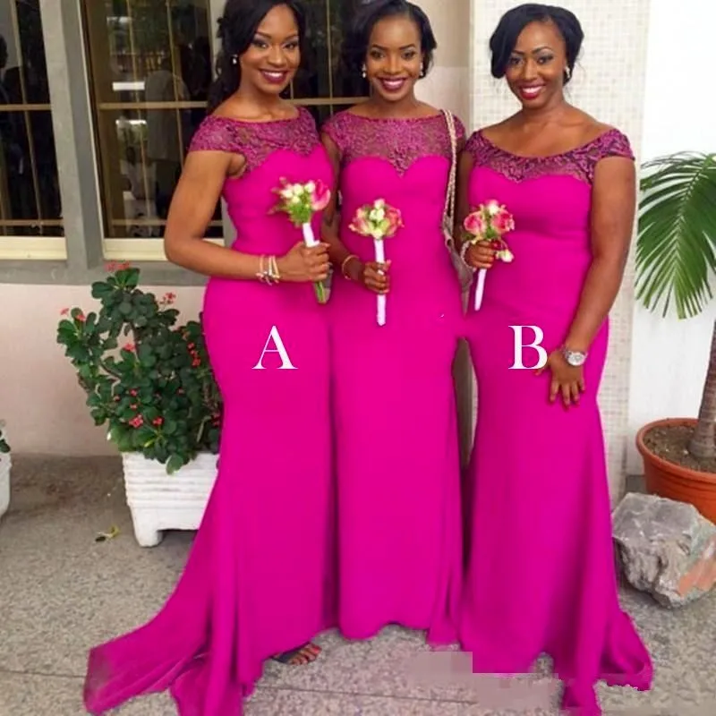 

Fuschia African Mermaid Bridesmaid Dresses Plus Size Scoop Wedding Guest Dresses Lace Cap Sleeves Maid of the Honor Gowns