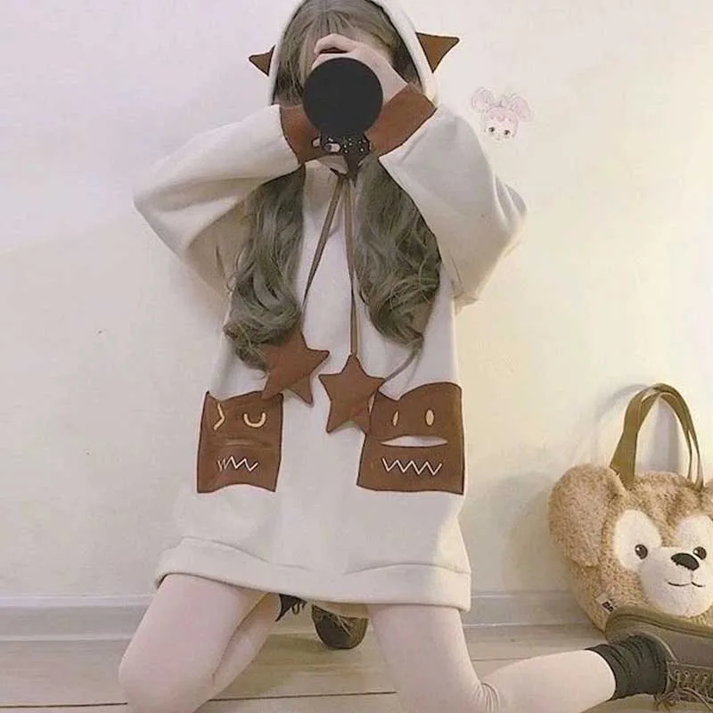 

Autumn And Winter Plus Velvet Thick Hooded Japanese Cute Ear Hoodies Female Tide Korean Version Of The Small Loose Mid-length Co