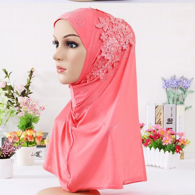 

H027 beautiful big gilrs muslim hijab with lace and stones islamic scarf shawl headscarf hat armia pull on wrap ramadan gift
