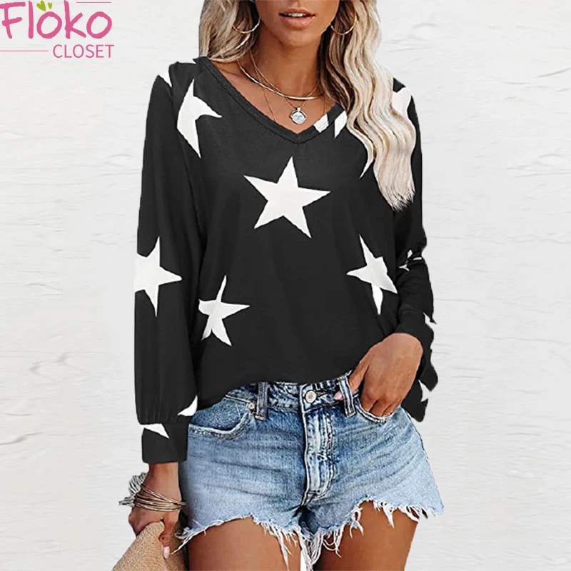

Flokocloset Causal Five Star Print V-Neck Long Sleeve T-shirt Spring Autumn Y2k Shirt Fashion Tops for Women