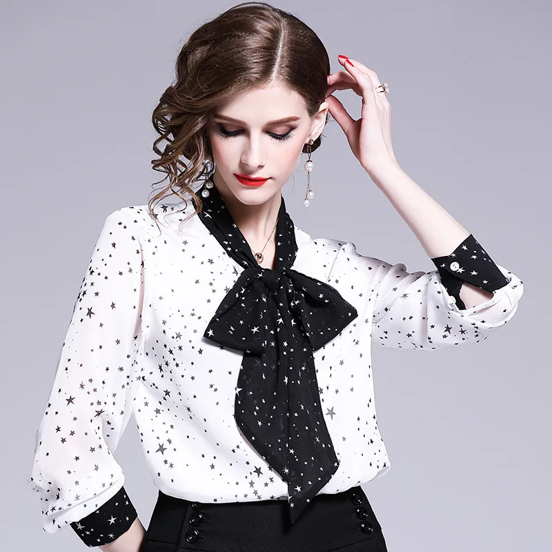 women tops and blouses white chiffon star floral high quality OL 2020 summer office shirts long sleeve casual sexy plus size