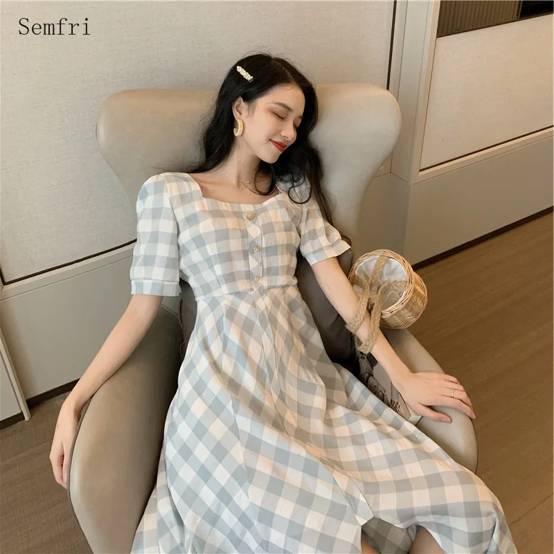 

Semfri Plus Size Woman Dress 2020 Summer New French Retro Plaid Dresses Female Grandiflorum Fairy Scent Style Long Dress