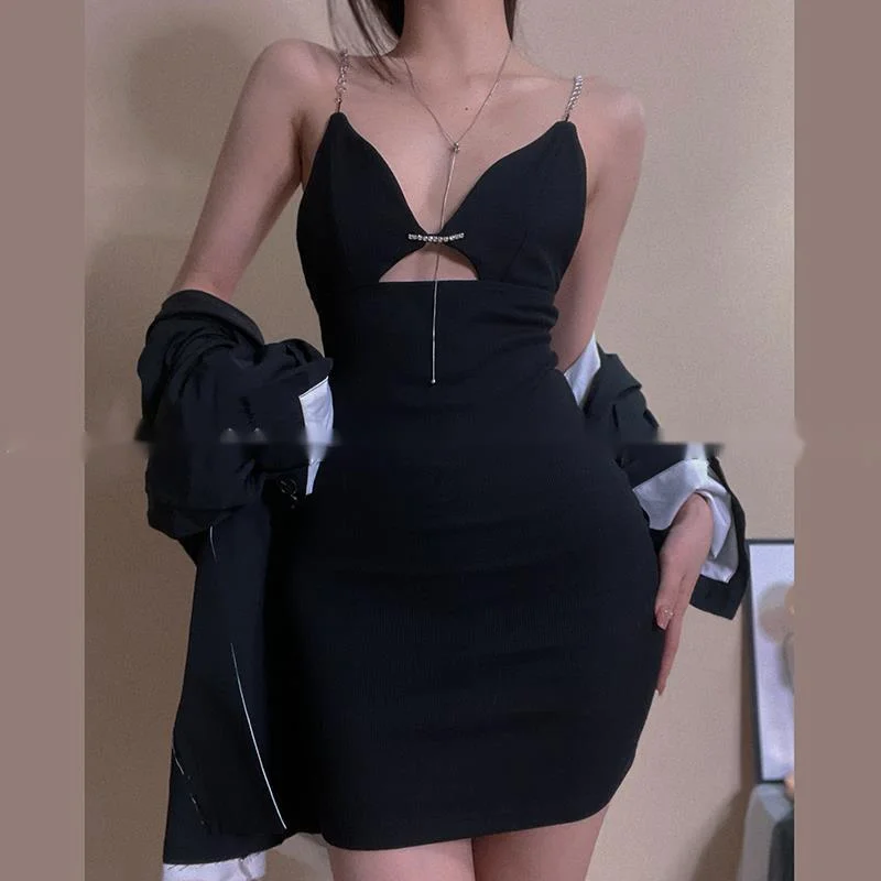 

Europe And America Sexy Sling Sheath Chain Suspender Dress Solid Color Hollow Out Open Back Dress Women's Tease 2021 NEW X61K