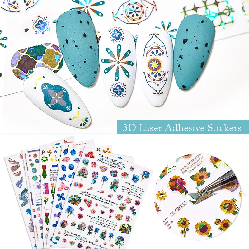 

1pc 3D Nail Sticker Decoration Laser Flowers Nail Stickers Manicure Design Animal Carton Adhensive Sticker for Nails Decal