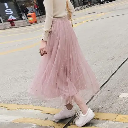 Для женщин Высокая талия плиссированные Бисер половина Длина эластичная юбка