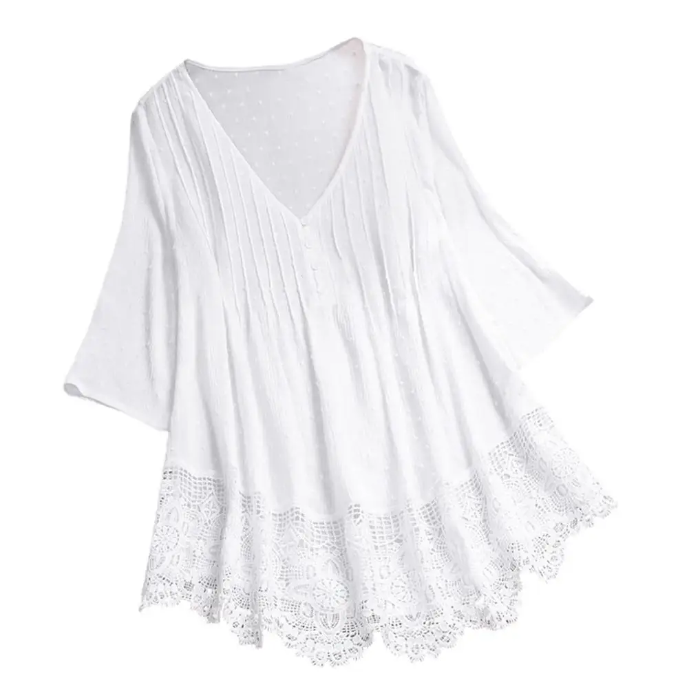 

Women Half Sleeve Stitching Hollow out Floral Lace Hem Buttonss Decor Blouse