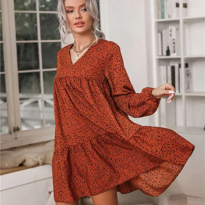 

2020 Autumn New Vintage Ladies Dress Spring Casual Print Ruffles Loose Dresses Sexy V Neck Long Sleeve Elegant Woman Clothes