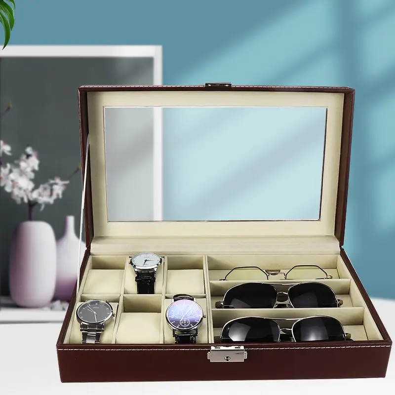 Новинка 9 ячеек коробка для часов кожаная стеклянная Чехол очков органайзер