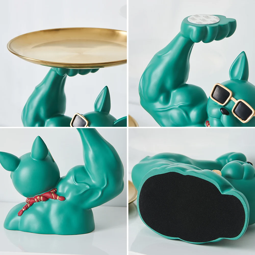 

Cool Muscle Dog Sculpture Resin Animal Figurine Key Candy Sundries Storage Metal Tray Modern Home Decor Living Room Accessories