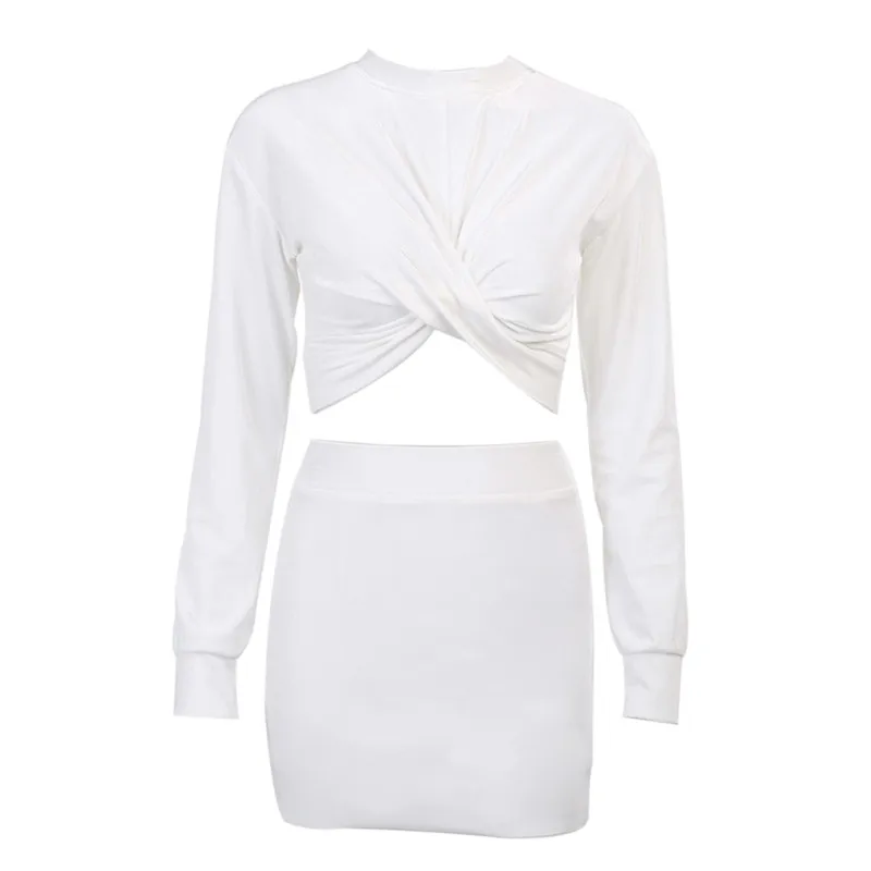 

Spring Autumn Women Twisted Crop Tops and Bodycon Skirt 2Pieces Suit Solid Color Stretch Long Sleeve T-shirt Casual Slim Sets