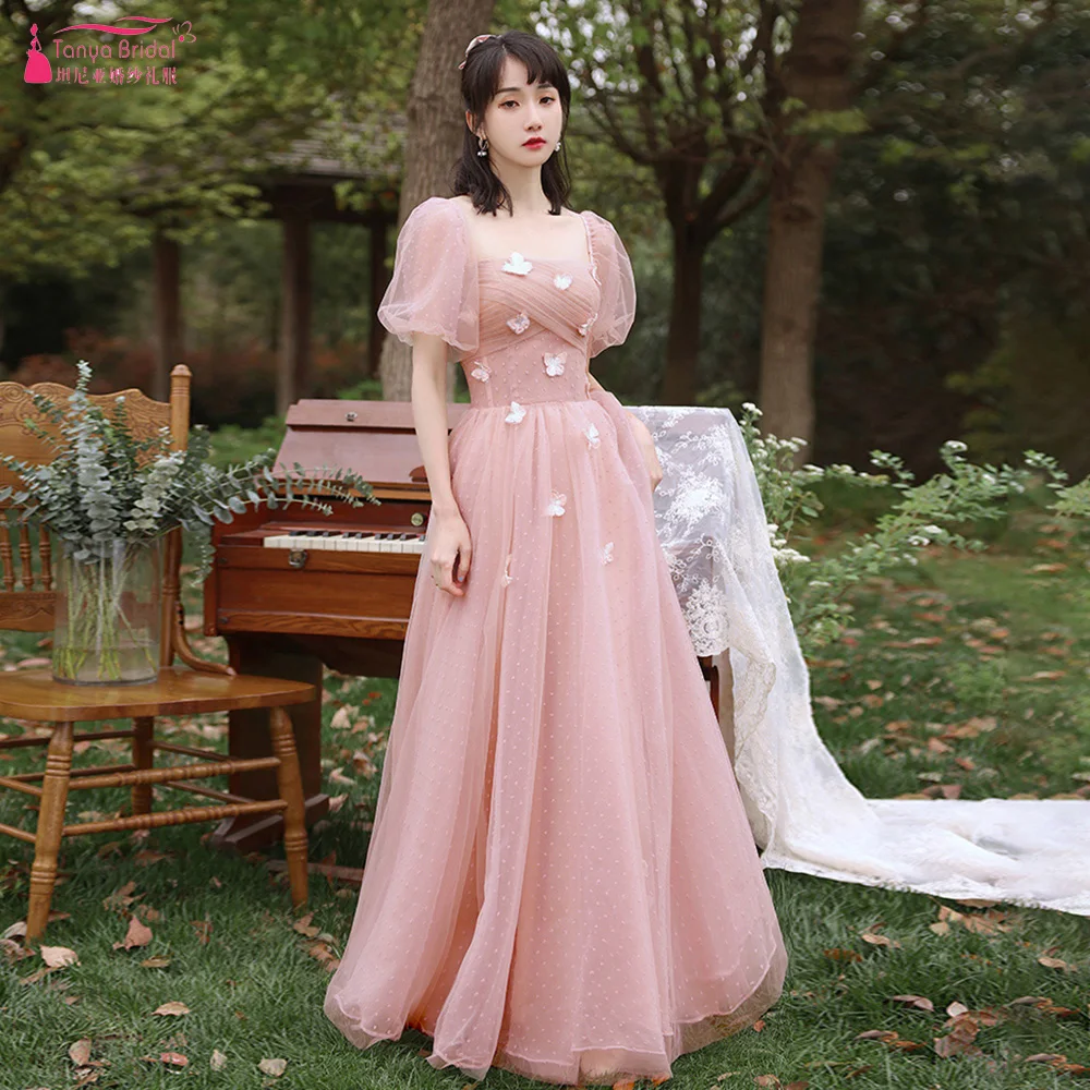 

Blush Pink Long Bridesmaid Dresses Tulle Charming A Line Wedding Guest Gowns ZB112