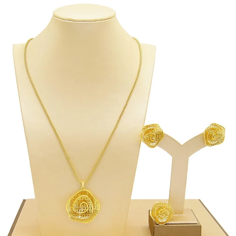 Yulaili с изображением логотипа бразильских золотые украшения набор Цветы цепи ожерелье, серьги, кольцо для женщин вечерние свадебные Дубай юв...