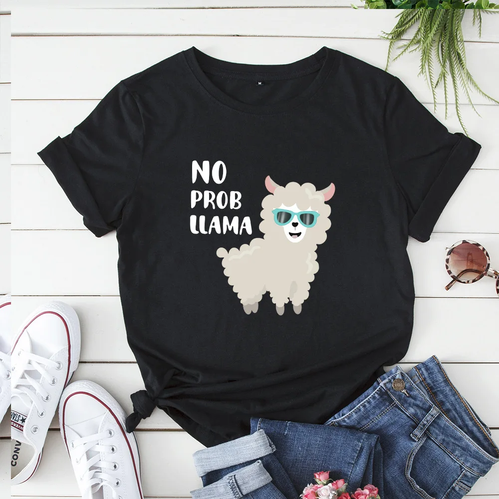 

no prob llama Alpaca Print T Shirt Women Short Sleeve O Neck Loose Tshirt Summer Women Causal Tee Shirt Tops Camisetas Mujer