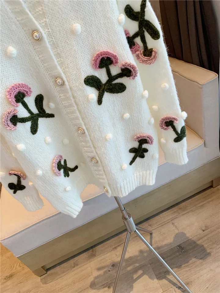 

Juice Snow 2020 Autumn New Heavy Industry Three-Dimensional Embroidery Flower Ball Mid-Length Long-Sleeved Jacket Female Sweater
