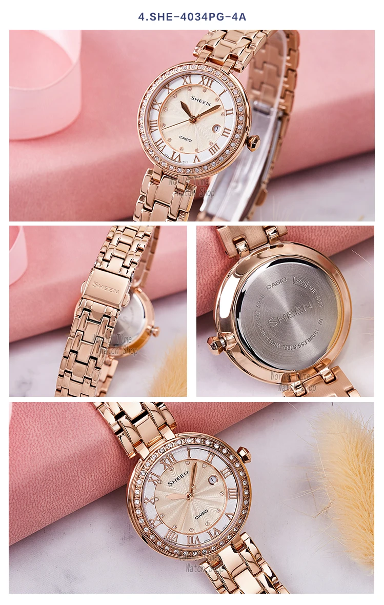 Часы Casio SHEEN женские часы Swarovski Crystal топ класса люкс комплект 50м Водонепроницаемые кварцевые женские часы женские Розовое золото Подарки Часы Спортивные часы relogio feminino reloj mujer montre homme bayan