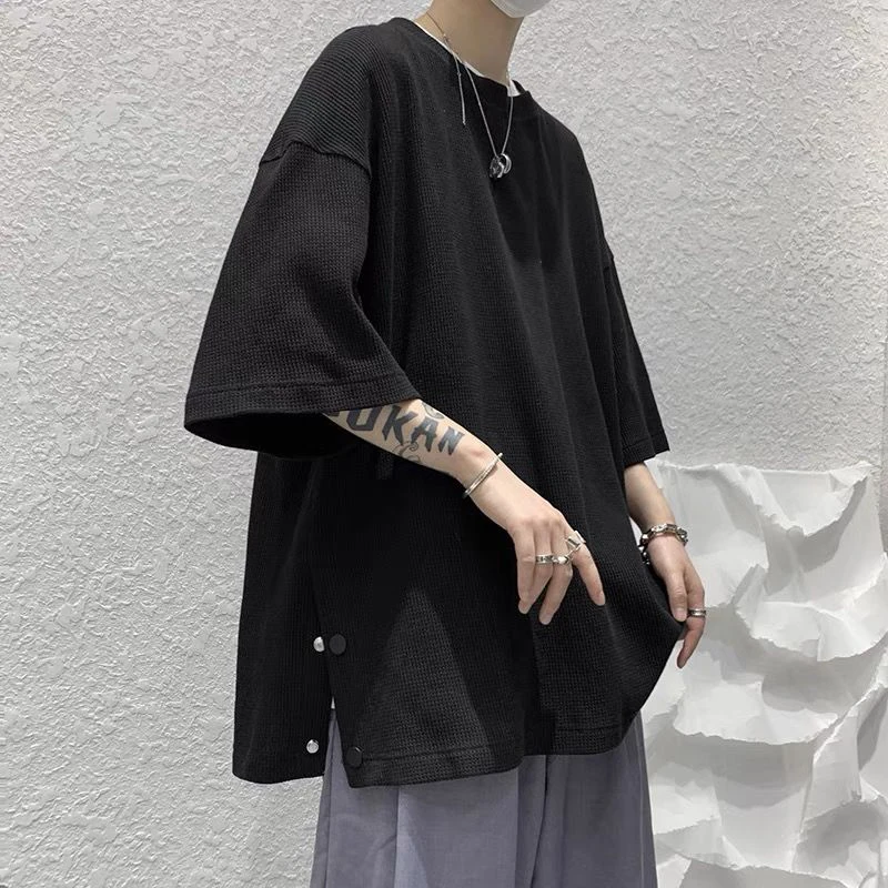

Summer Hem Split Fork Short Sleeve Men T Shirts Waffle Plaid Loose Harajuku All-match Korean Fashion Students Oversized Clothing