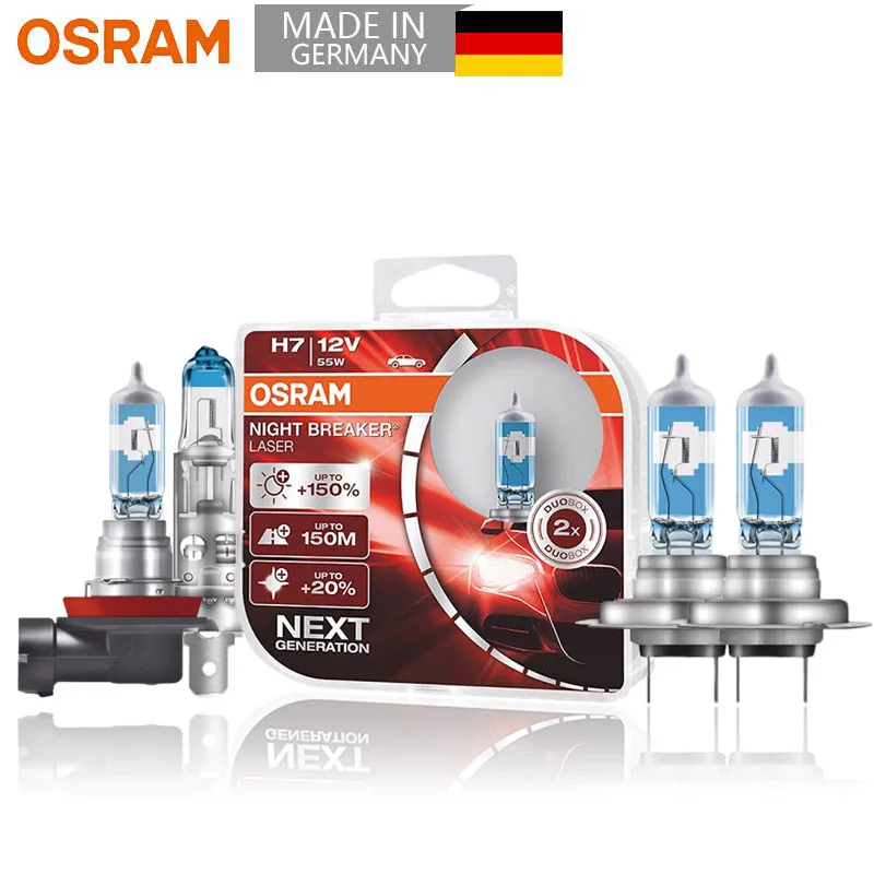 

OSRAM H7 H4 H1 H8 H3 H11 9005 9006 HB3 HB4 Night Breaker Laser Halogen Lamps Fog Light 12V 55W 3700K +150% Brightness (2 pieces)