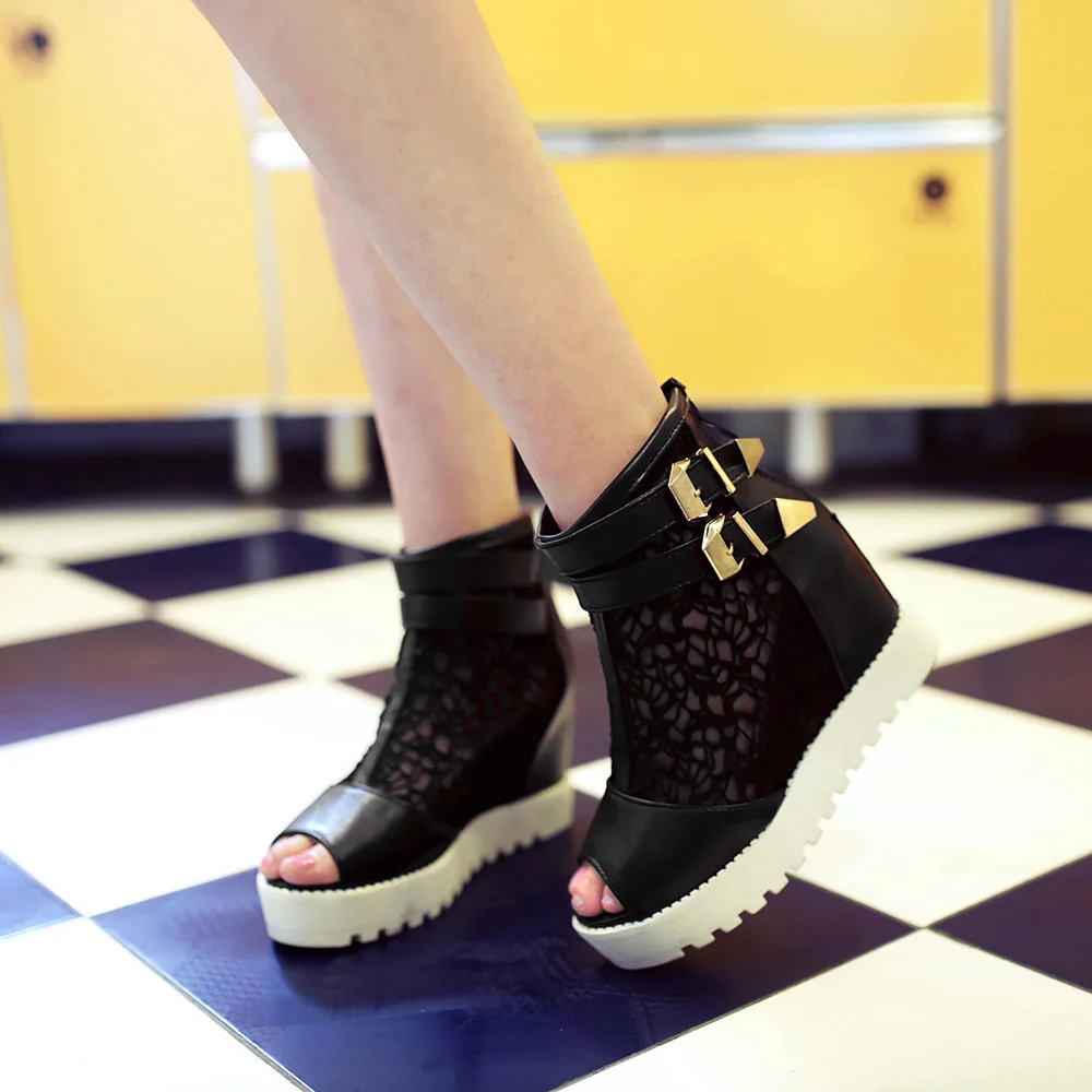 

Summer new sexy ladies sandals thick bottom hollow increase shoes mesh yarn fish mouth high heels breathable women's shoes