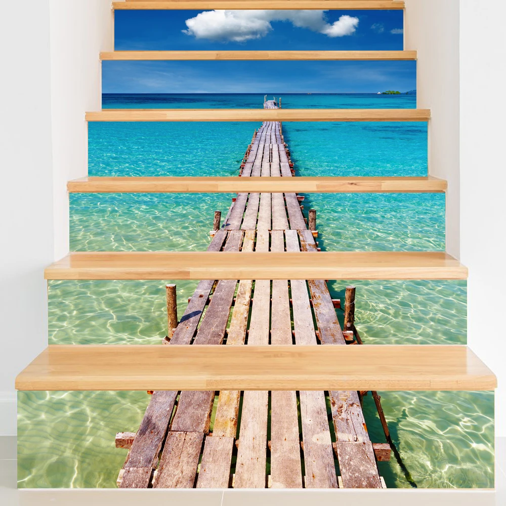 

6pcs Home Self-adhesive 3D Stairs Wall Stickers 100cm Seaside Pier Decoration Accessories PVC Tile Sticker Waterproof Wallpapers