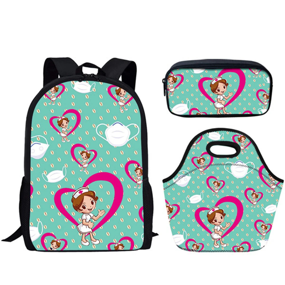 HALYUNASC Fashion 3PCs/Set Children's School Backpack Cartoon Bear Nurse Pattern School Bags Teenagers Book-Bags Set