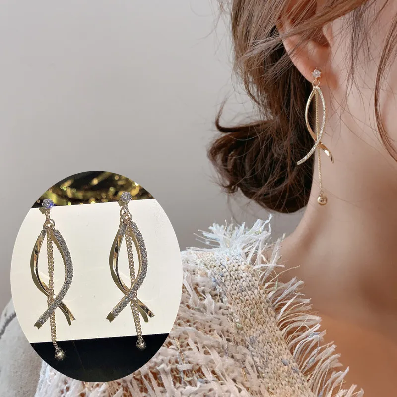 

925 Silver Needle Niche Design Full of Diamond Cross Earrings Female Long Tassel Chain Earrings Cold Wind Earrings Retro Sense