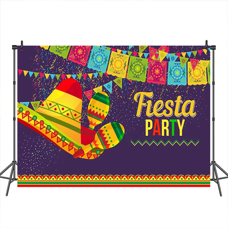 

Neoback Fiesta Party Backdrop Mexico Hat Cactus Flag Banner Decoration Photography Backdrops Studio Shoots