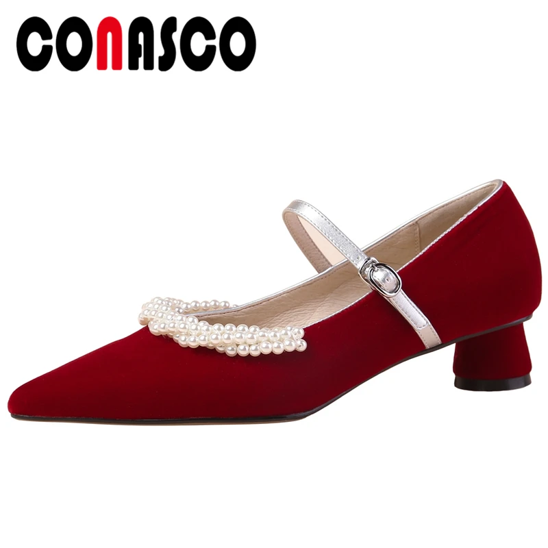 

CONASCO элегантные лодочки «Мэри Джейн»; Женские туфли-лодочки; Сезон осень; Элегантные Ново-Жемчужная Нить бусина офисные туфли на высоком каб...
