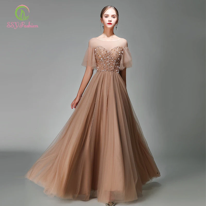 SSYFashion/Новинка благородное вечернее платье цвета шампанского с блестками и