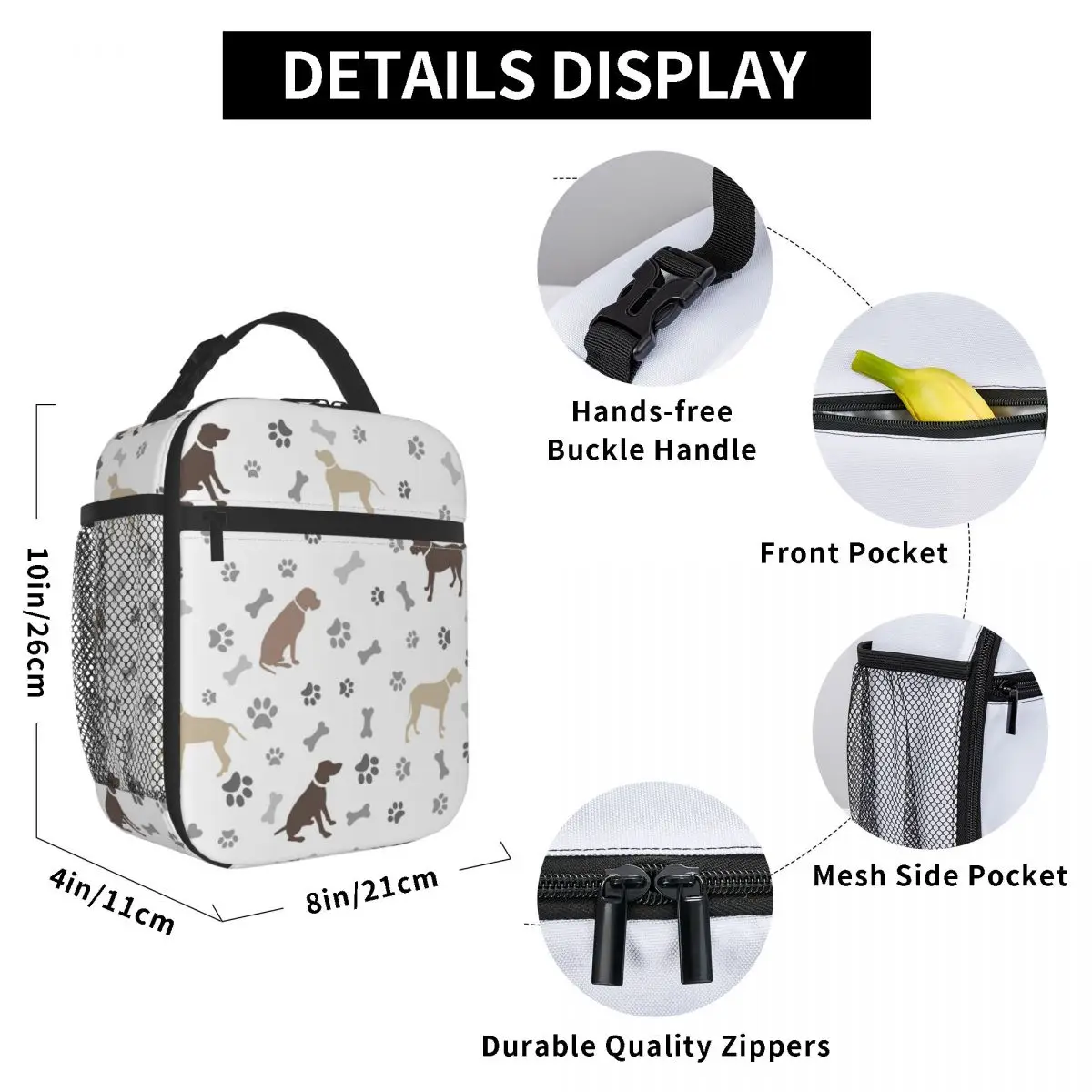 

Dog Paw Print Bones Lunch Bag for Women Men Large Insulated Lunch Box with Water Bottle Holder and Pockets