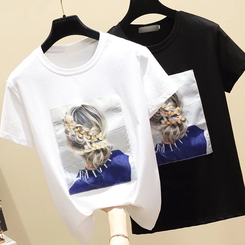

Fashion Cotton Short Sleeve Appliques Sequin female T-shirt Tops O-Neck White T shirt ropa mujer Summer Top Black Tee Shirt 2020