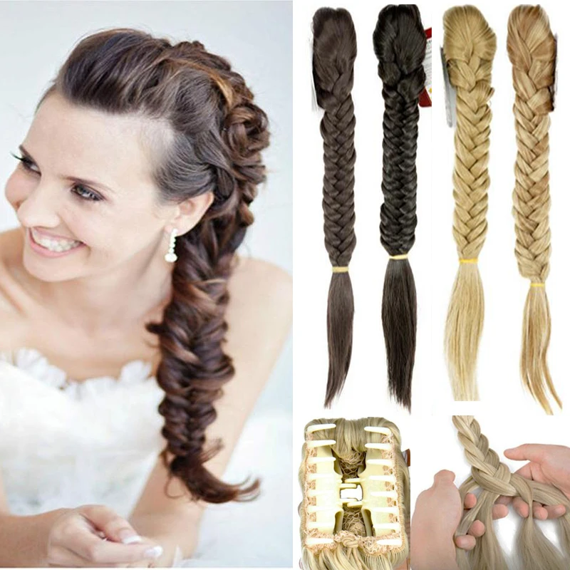 

22 Inch Hair Long Straight Ponytail Clip In Braided Ponytail Fishtail Braid Synthetic Hair Extensions Hairpiece