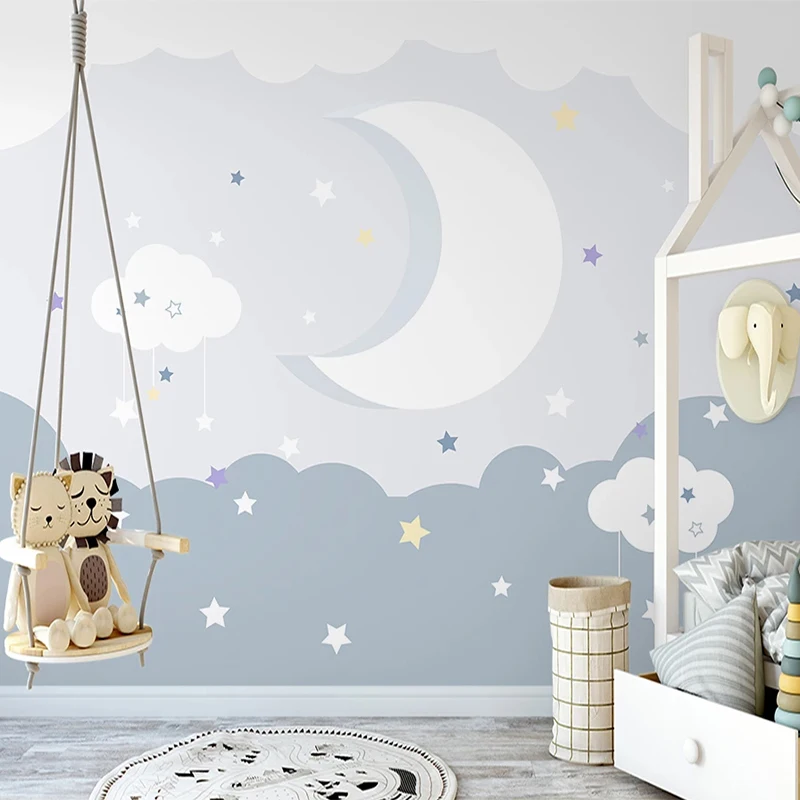 Фотообои Nordic Simple Hand Painted 3D Moon Starry Sky Mural Childrens Bedroom Background Wall Decor Papel De Parede 3D.