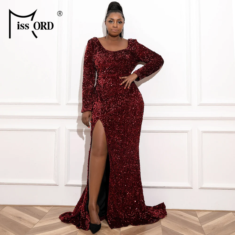 

Missord 2021 Women Plus Size O Neck Long Sleeve Bodycon Prom Sequins Evening Party Elegant Maxi Dress Side Split Ladies Dresses