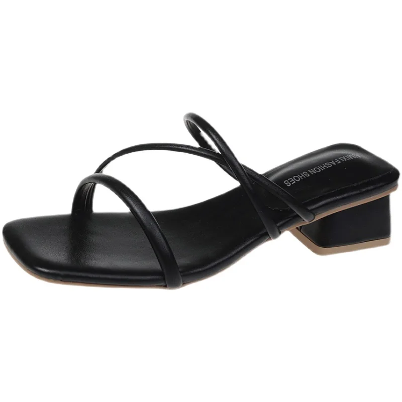 

Temperament Square Toe Mid-Heel Women's Shoes Summer New Simple And Versatile Fashion Outer Wear Slippers