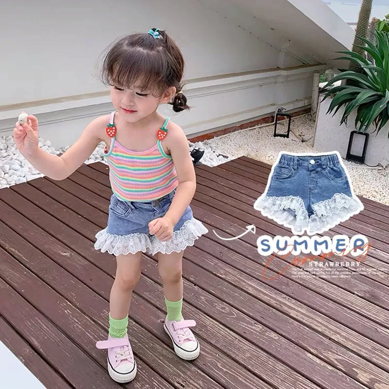 Летние штаны для девочек модные джинсовые шорты с кружевной вышивкой милые брюки