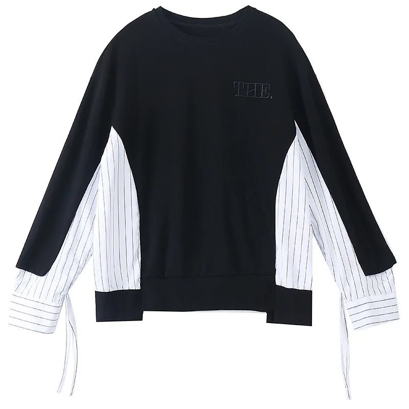 

QING MO Women Pullover Sweatshirt 2021 Women Striped Patchwork Sweatshirt Female Letter Embroidery Sweatshirt ZQY6597